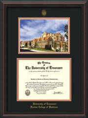 Image of University of Tennessee Haslam College of Business Diploma Frame - Rosewood with Gold Lip - w/UT Embossed Seal & UTHAS Name - Campus Watercolor - Black on Orange Mat