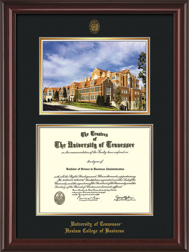 Image of University of Tennessee Haslam College of Business Diploma Frame - Mahogany Lacquer - w/UT Embossed Seal & UTHAS Name - Campus Watercolor - Black on Gold Mat