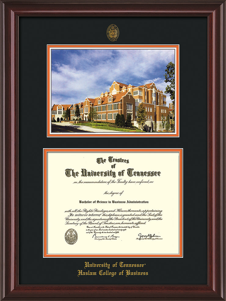 Image of University of Tennessee Haslam College of Business Diploma Frame - Mahogany Lacquer - w/UT Embossed Seal & UTHAS Name - Campus Watercolor - Black on Orange Mat