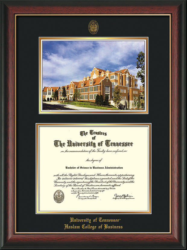 Image of University of Tennessee Haslam College of Business Diploma Frame - Rosewood w/Gold Lip - w/UT Embossed Seal & UTHAS Name - Campus Watercolor - Black on Gold Mat