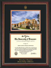 Image of University of Tennessee Haslam College of Business Diploma Frame - Rosewood w/Gold Lip - w/UT Embossed Seal & UTHAS Name - Campus Watercolor - Black on Orange Mat