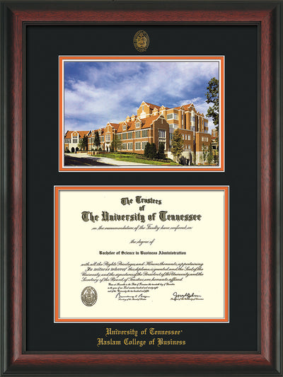 Image of University of Tennessee Haslam College of Business Diploma Frame - Rosewood - w/UT Embossed Seal & UTHAS Name - Campus Watercolor - Black on Orange Mat