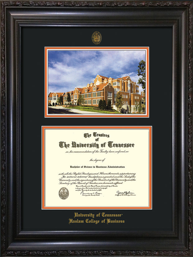 Image of University of Tennessee Haslam College of Business Diploma Frame - Vintage Black Scoop - w/UT Embossed Seal & UTHAS Name - Campus Watercolor - Black on Orange Mat