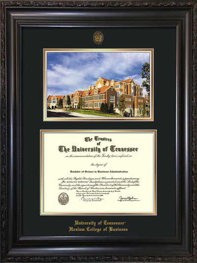 Image of University of Tennessee Haslam College of Business Diploma Frame - Vintage Black Scoop - w/UT Embossed Seal & UTHAS Name - Campus Watercolor - Black on Gold Mat