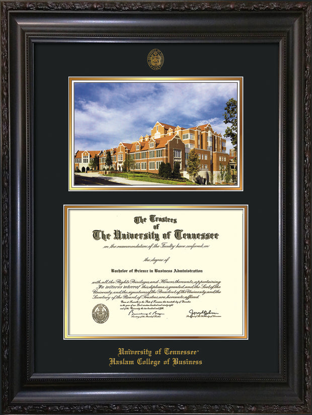 Image of University of Tennessee Haslam College of Business Diploma Frame - Vintage Black Scoop - w/UT Embossed Seal & UTHAS Name - Campus Watercolor - Black on Gold Mat