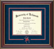 Image of University of Richmond Diploma Frame - Cherry Lacquer - 3D Laser Spider Logo Cutout - Navy Suede on Red mat