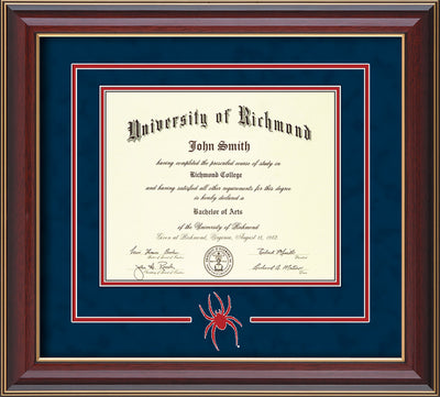 Image of University of Richmond Diploma Frame - Cherry Lacquer - 3D Laser Spider Logo Cutout - Navy Suede on Red mat