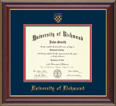 Image of University of Richmond Diploma Frame - Cherry Lacquer - w/Embossed Seal & Name - Navy on Red mats