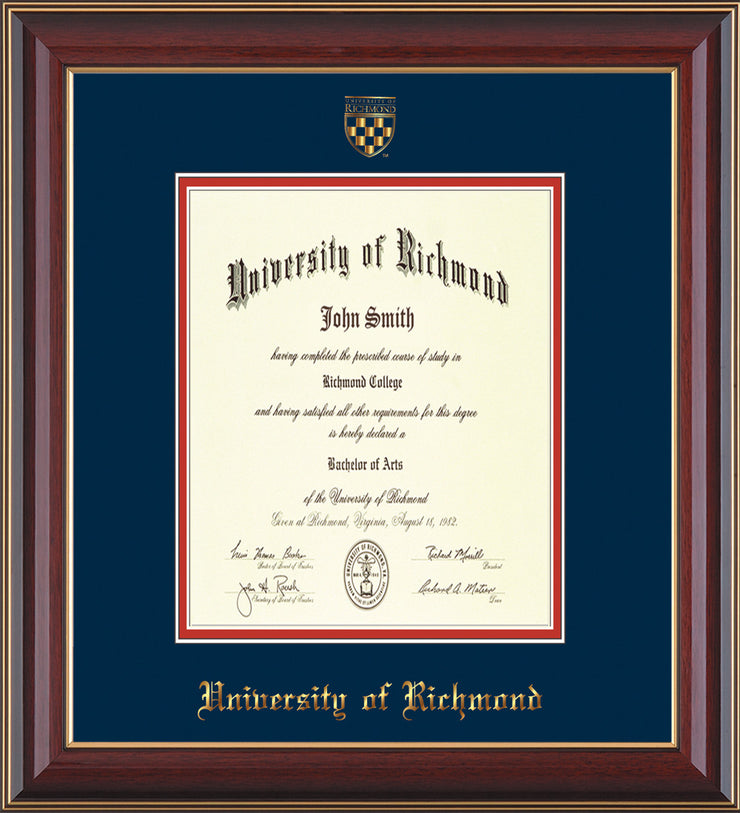 University of Richmond Diploma Frame - Cherry Lacquer - w/Embossed Seal & Name - Navy on Red mats