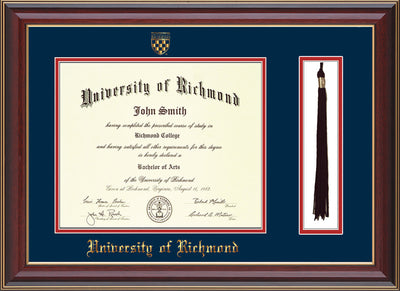 Image of University of Richmond Diploma Frame - Cherry Lacquer - w/Embossed Seal & Name - Tassel Holder - Navy on Red mats