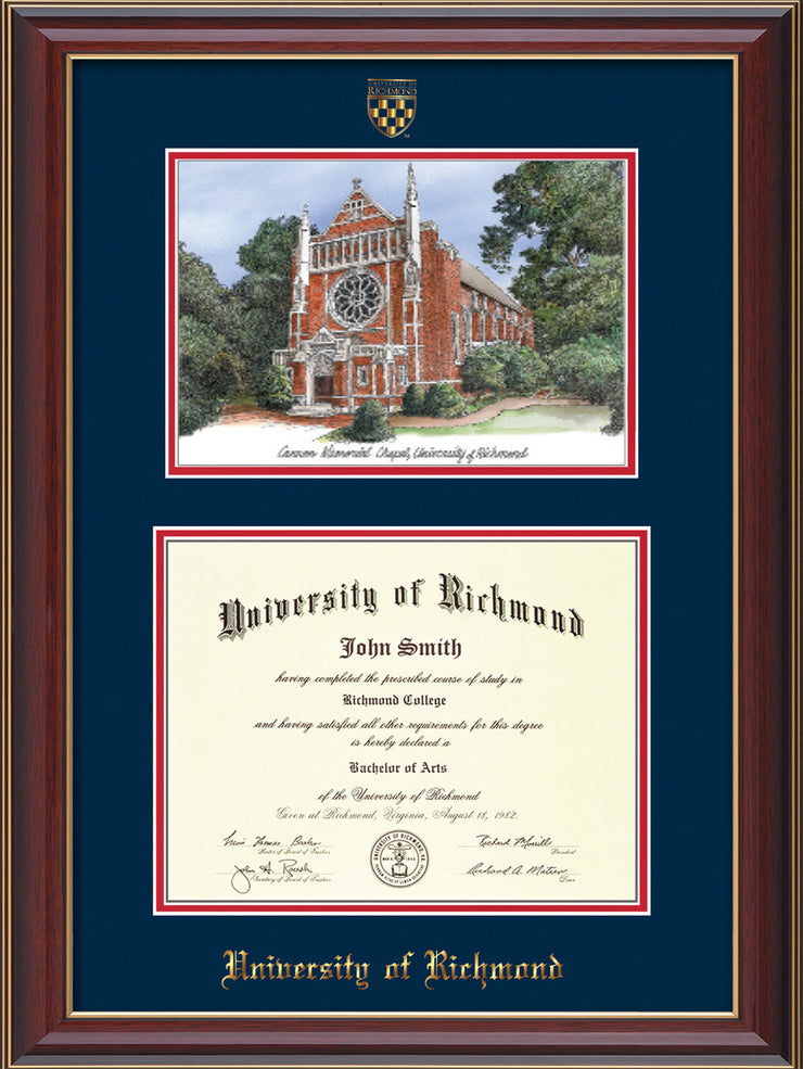 Image of University of Richmond Diploma Frame - Cherry Lacquer - w/Embossed Seal & Name - Watercolor - Navy on Red mats