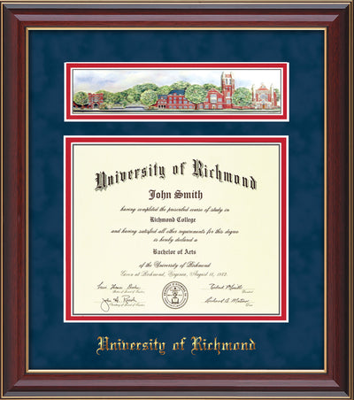 Image of University of Richmond Diploma Frame - Cherry Lacquer - w/Embossed School Name Only - Campus Collage - Navy Suede on Red mat