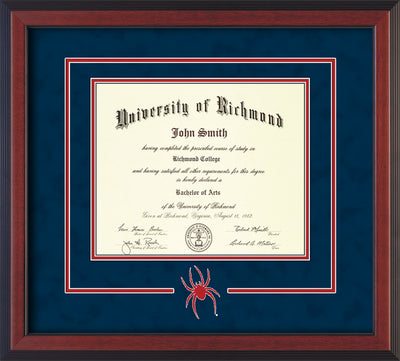 Image of University of Richmond Diploma Frame - Cherry Reverse - 3D Laser Spider Logo Cutout - Navy Suede on Red mat