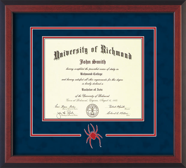 Image of University of Richmond Diploma Frame - Cherry Reverse - 3D Laser Spider Logo Cutout - Navy Suede on Red mat