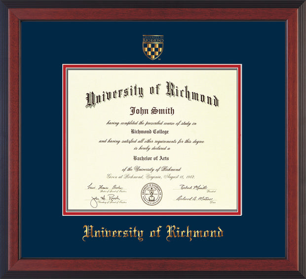 Image of University of Richmond Diploma Frame - Cherry Reverse - w/Embossed Seal & Name - Navy on Red mats