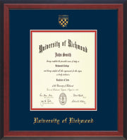 University of Richmond Diploma Frame - Cherry Reverse - w/Embossed Seal & Name - Navy on Red mats