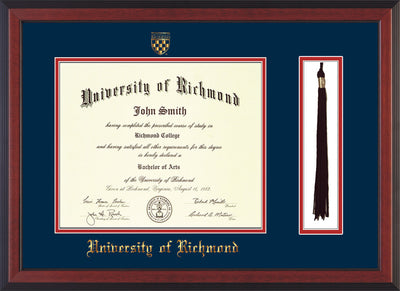 Image of University of Richmond Diploma Frame - Cherry Reverse - w/Embossed Seal & Name - Tassel Holder - Navy on Red mats