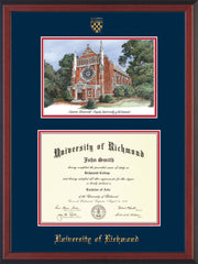 Image of University of Richmond Diploma Frame - Cherry Reverse - w/Embossed Seal & Name - Watercolor - Navy on Red mats