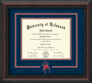 Image of University of Richmond Diploma Frame - Mahogany Braid - 3D Laser Spider Logo Cutout - Navy Suede on Red mat