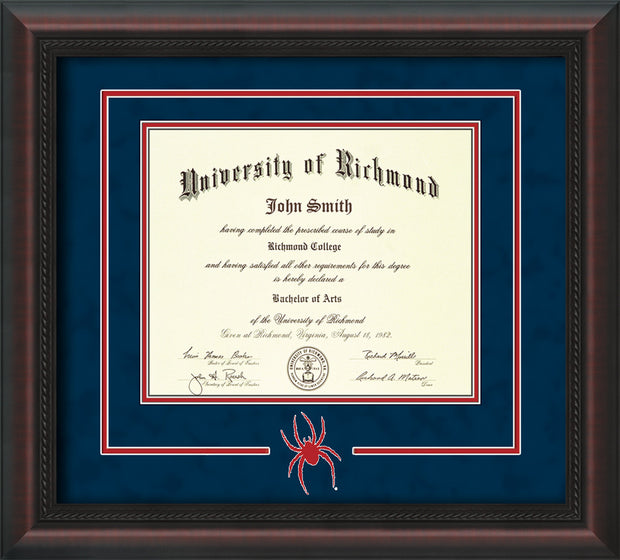 Image of University of Richmond Diploma Frame - Mahogany Braid - 3D Laser Spider Logo Cutout - Navy Suede on Red mat
