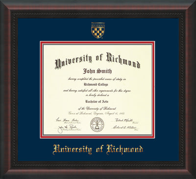 Image of University of Richmond Diploma Frame - Mahogany Braid - w/Embossed Seal & Name - Navy on Red mats