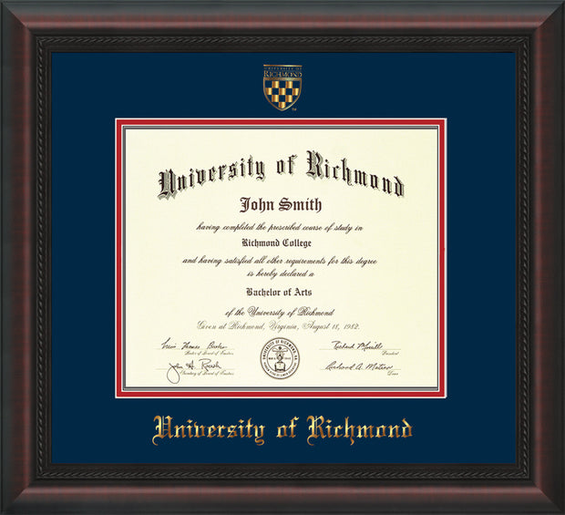 Image of University of Richmond Diploma Frame - Mahogany Braid - w/Embossed Seal & Name - Navy on Red mats