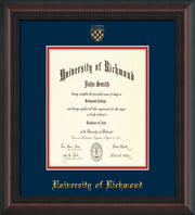 University of Richmond Diploma Frame - Mahogany Braid - w/Embossed Seal & Name - Navy on Red mats