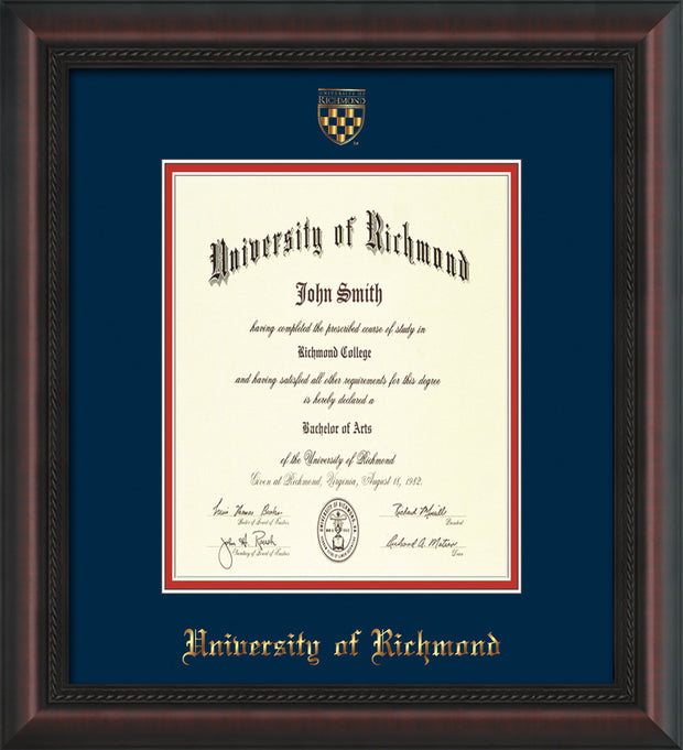 University of Richmond Diploma Frame - Mahogany Braid - w/Embossed Seal & Name - Navy on Red mats