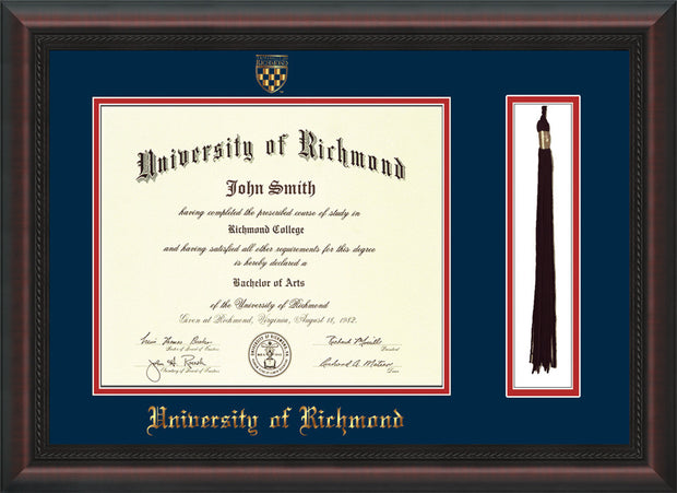 Image of University of Richmond Diploma Frame - Mahogany Braid - w/Embossed Seal & Name - Tassel Holder - Navy on Red mats