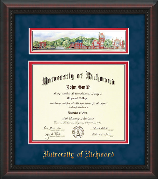 Image of University of Richmond Diploma Frame - Mahogany Braid - w/Embossed School Name Only - Campus Collage - Navy Suede on Red mat