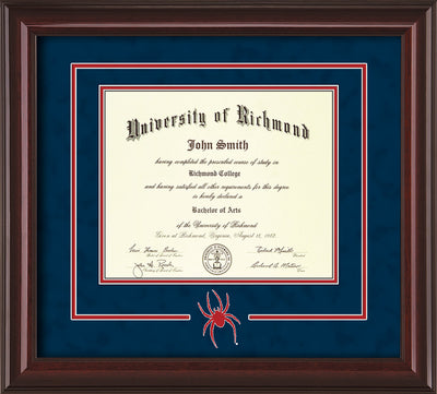 Image of University of Richmond Diploma Frame - Mahogany Lacquer - 3D Laser Spider Logo Cutout - Navy Suede on Red mat