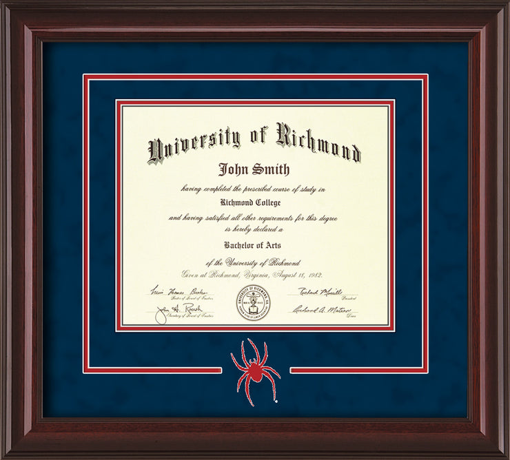 Image of University of Richmond Diploma Frame - Mahogany Lacquer - 3D Laser Spider Logo Cutout - Navy Suede on Red mat