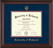 Image of University of Richmond Diploma Frame - Mahogany Lacquer - w/Embossed Seal & Name - Navy on Red mats