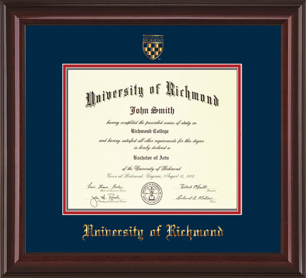 Image of University of Richmond Diploma Frame - Mahogany Lacquer - w/Embossed Seal & Name - Navy on Red mats