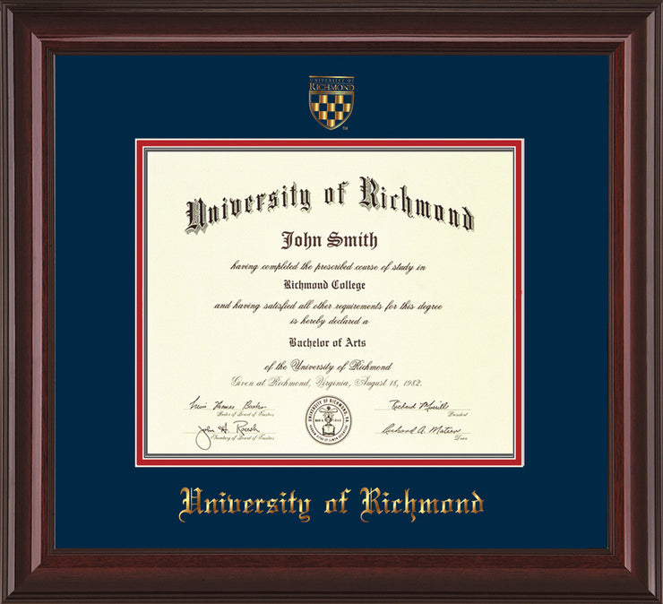 Image of University of Richmond Diploma Frame - Mahogany Lacquer - w/Embossed Seal & Name - Navy on Red mats