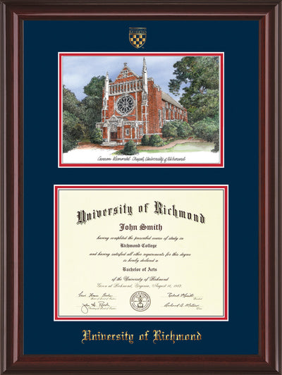 Image of University of Richmond Diploma Frame - Mahogany Lacquer - w/Embossed Seal & Name - Watercolor - Navy on Red mats
