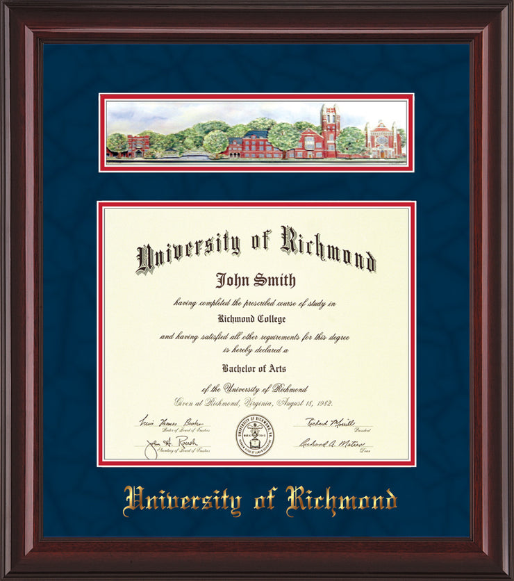 Image of University of Richmond Diploma Frame - Mahogany Lacquer - w/Embossed School Name Only - Campus Collage - Navy Suede on Red mat