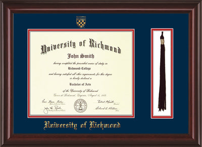 Image of University of Richmond Diploma Frame - Mahogany Lacquer - w/Embossed Seal & Name - Tassel Holder - Navy on Red mats
