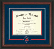 Image of University of Richmond Diploma Frame - Rosewood - 3D Laser Spider Logo Cutout - Navy Suede on Red mat