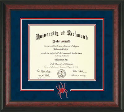 Image of University of Richmond Diploma Frame - Rosewood - 3D Laser Spider Logo Cutout - Navy Suede on Red mat