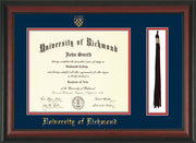 Image of University of Richmond Diploma Frame - Rosewood - w/Embossed Seal & Name - Tassel Holder - Navy on Red mats