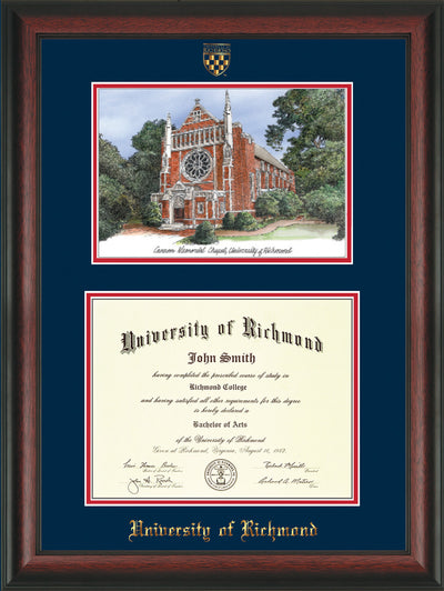Image of University of Richmond Diploma Frame - Rosewood - w/Embossed Seal & Name - Watercolor - Navy on Red mats
