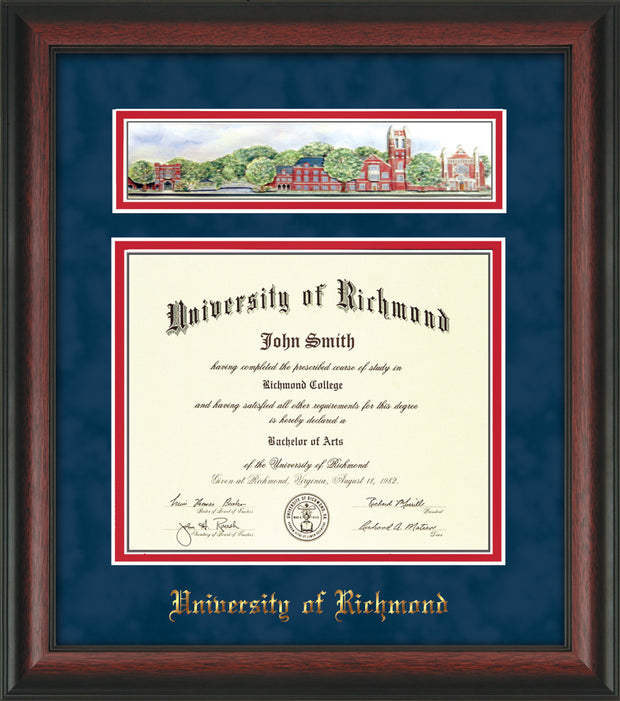 Image of University of Richmond Diploma Frame - Rosewood - w/Embossed School Name Only - Campus Collage - Navy Suede on Red mat