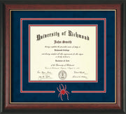 Image of University of Richmond Diploma Frame - Rosewood w/Gold Lip - 3D Laser Spider Logo Cutout - Navy Suede on Red mat