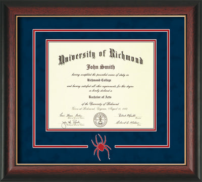 Image of University of Richmond Diploma Frame - Rosewood w/Gold Lip - 3D Laser Spider Logo Cutout - Navy Suede on Red mat