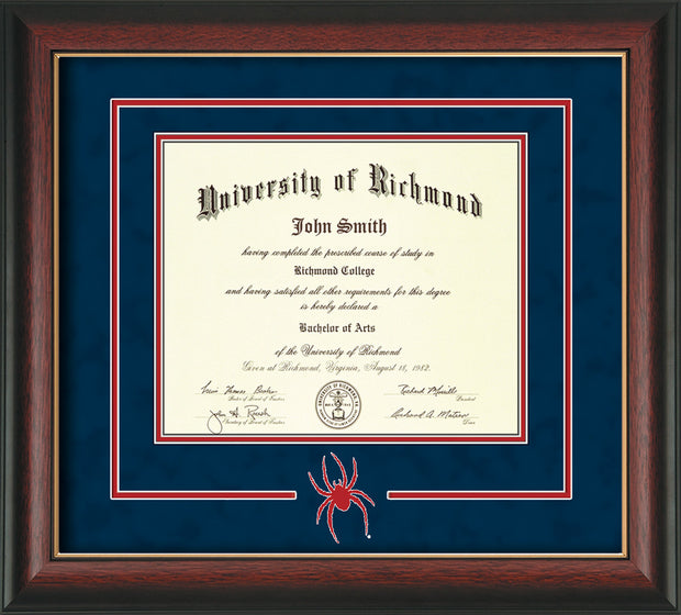 Image of University of Richmond Diploma Frame - Rosewood w/Gold Lip - 3D Laser Spider Logo Cutout - Navy Suede on Red mat