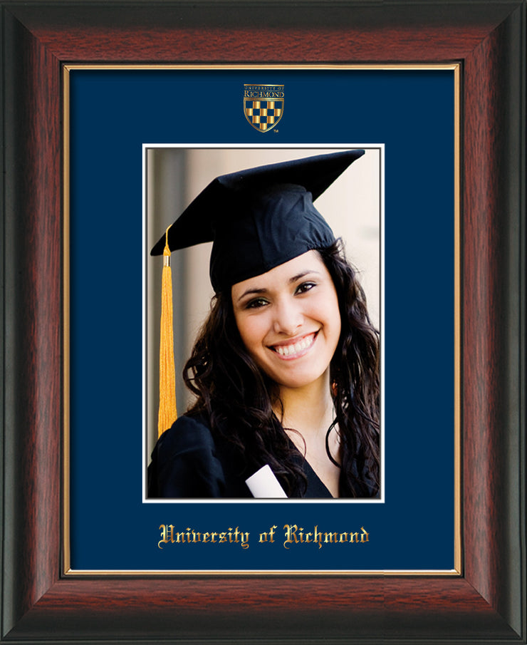 Image of University of Richmond 5 x 7 Photo Frame - Rosewood w/Gold Lip - w/Official Embossing of UR Seal & Name - Single Navy mat