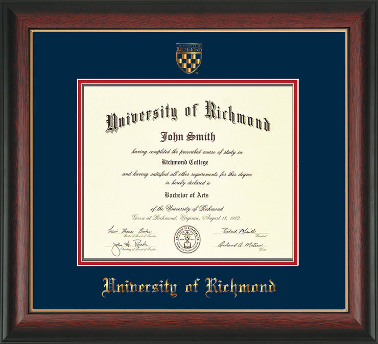 Image of University of Richmond Diploma Frame - Rosewood w/Gold Lip - w/Embossed Seal & Name - Navy on Red mats