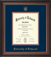 University of Richmond Diploma Frame - Rosewood w/Gold Lip - w/Embossed Seal & Name - Navy on Red mats