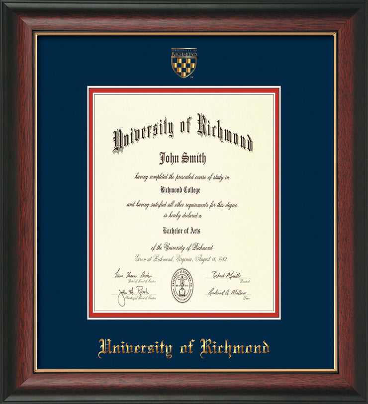 University of Richmond Diploma Frame - Rosewood w/Gold Lip - w/Embossed Seal & Name - Navy on Red mats
